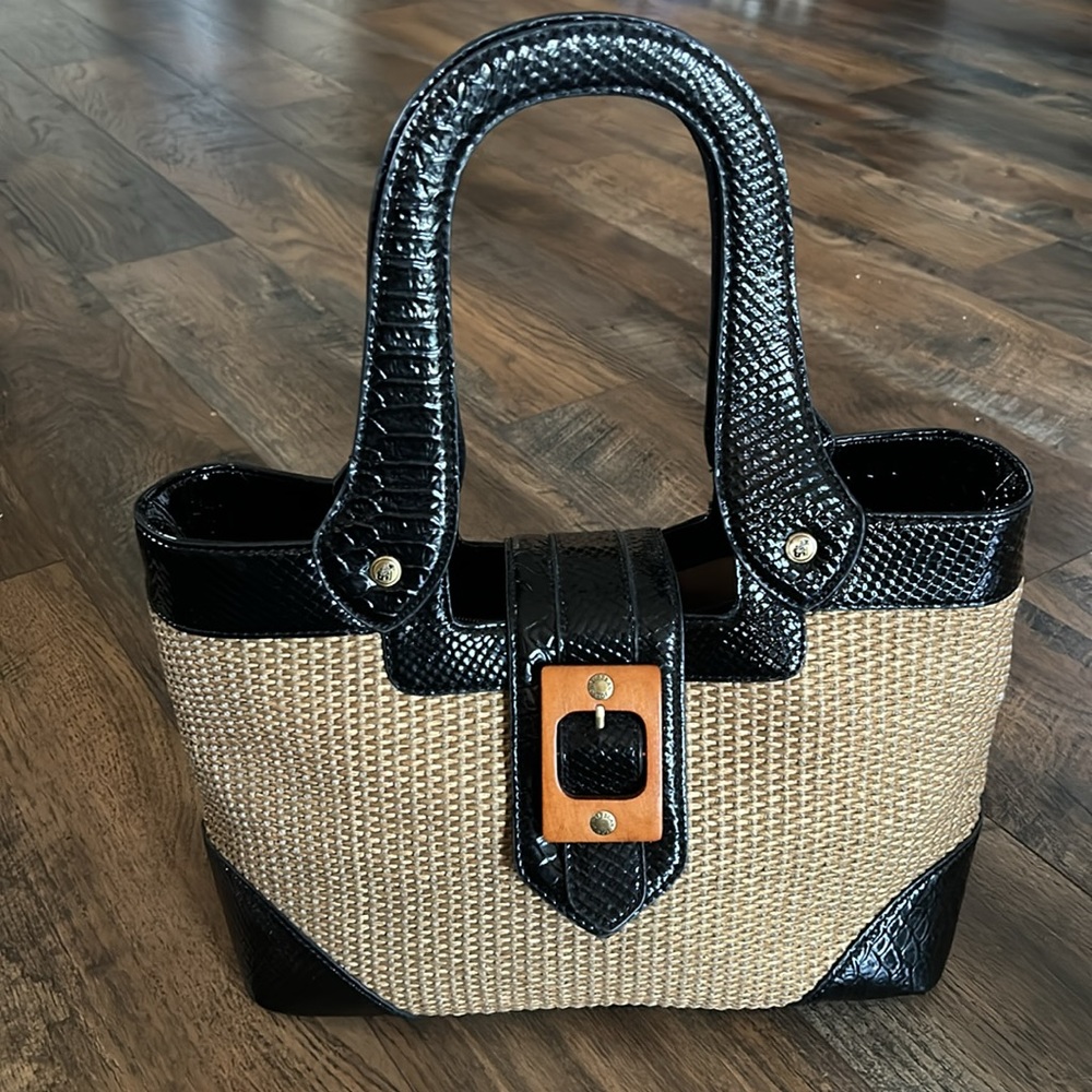 Caribbean Joe Straw Summer Tote Black Embossed Handbag with Wood Buckle Closure